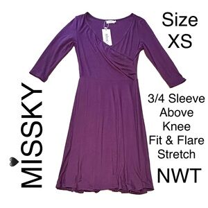💥5/$15 💜 MISSKY Wrap Fit Flare Dress 3/4 Sleeve Purple